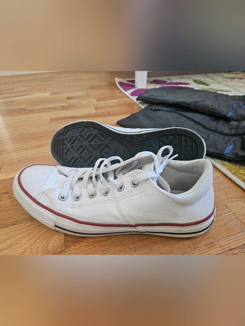 Converse Low-Top Canvas Sneakers in White with Red Stripe